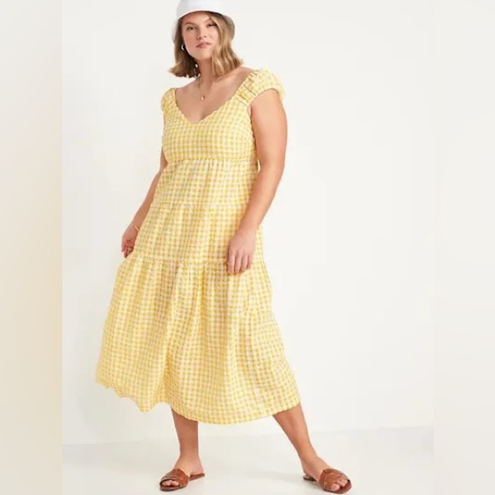 Old Navy Tiered Seersucker AllDay Maxi Dress in yellow and white gingham pattern